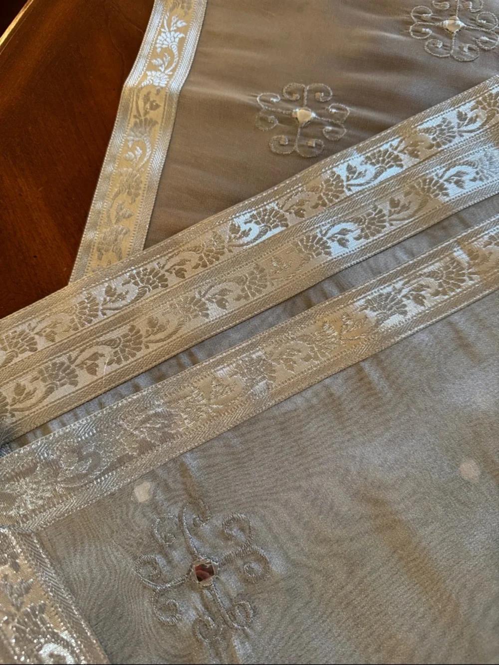 Silver Embroidered Table Runner with Tassels and Three Table Topper Set of 4